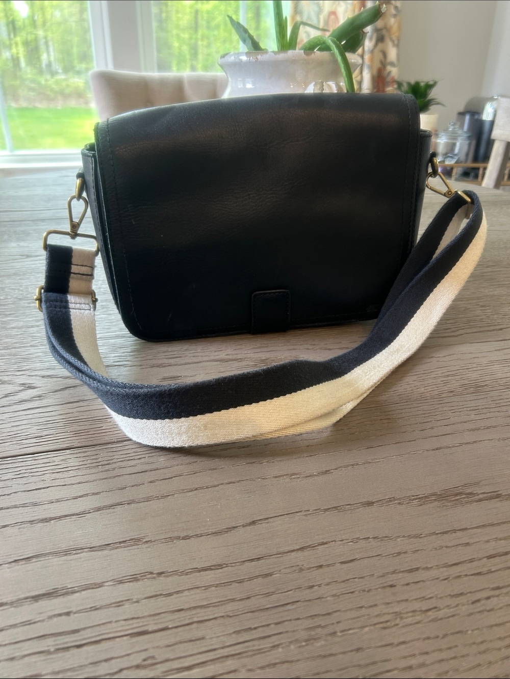 Madewell Black Leather Shoulder Bag with Black and Cream Stripe Strap